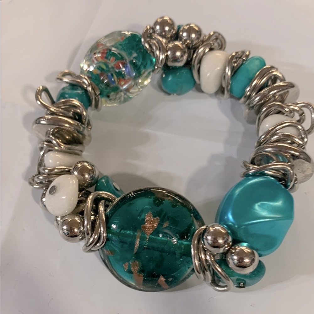 Elegant Silver and Teal artwork glass Beaded Bracelet #209